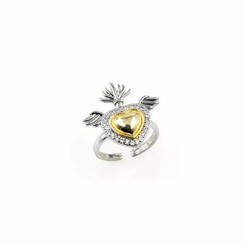 Anillo talla expandible en rodio heart with wings and crown