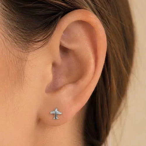 Par de topos de seguridad en rodio small airplane with cubic zircon silver
