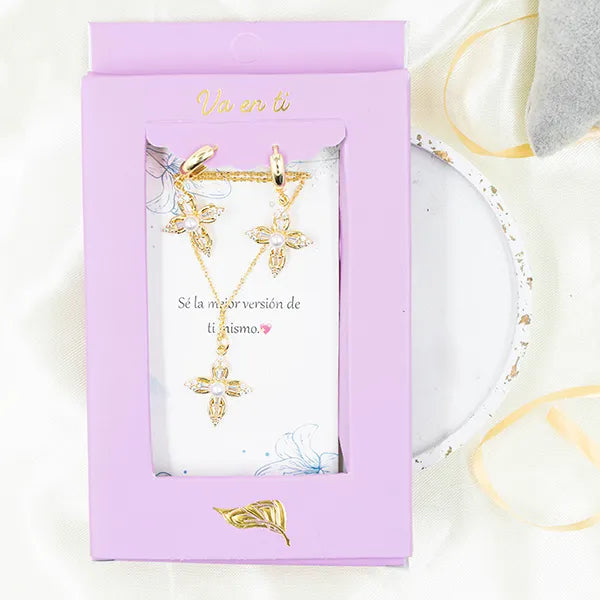 Juego en Rodio Flor Perla Dorada