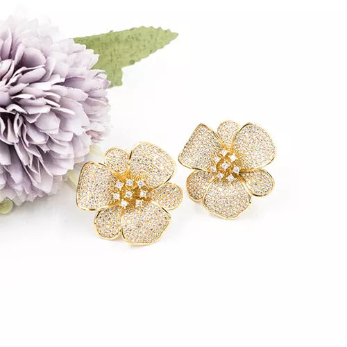 Par de topos en rodio large flower heart of zircons