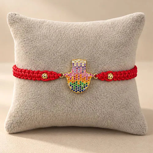 Pulsera Tejida Hamsa Rainbow Baño de Rodio