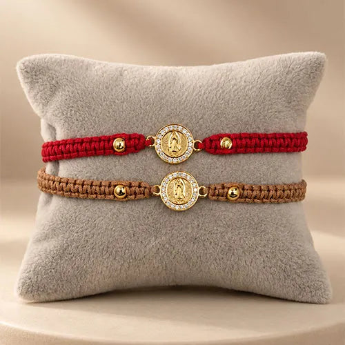 Pulsera Tejida Virgen de Guadalupe Cross Halo Baño de Rodio