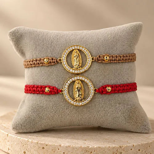 Pulsera Tejida Virgen de Guadalupe Halo Baño de Rodio