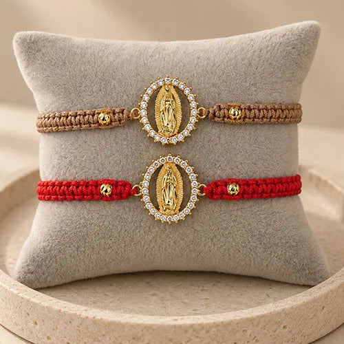 Pulsera Tejida Virgen de Guadalupe Halo Ovalado Baño de Rodio
