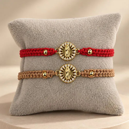 Pulsera Tejida Virgen de Guadalupe Sun Halo Baño de Rodio